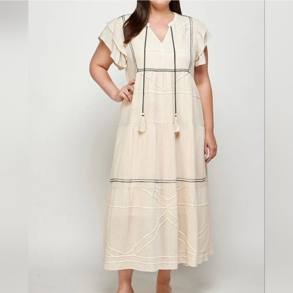See & Be Seen Cream/Tan Linen Blend Midi Dress size S - Picture 1 of 9